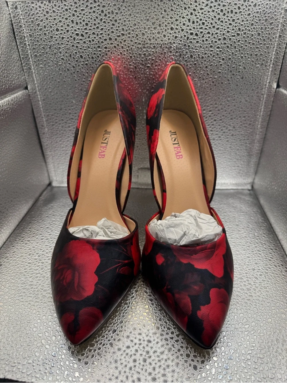 JustFab Black and Red Floral Pointed-Toe D'Orsay Pumps